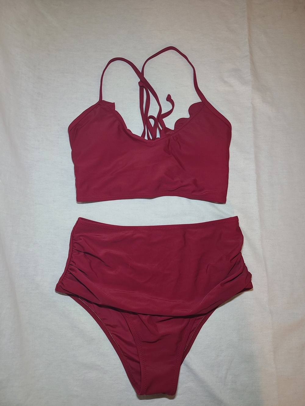 Zaful Berry Scallop Edge High-Waist Bikini Set